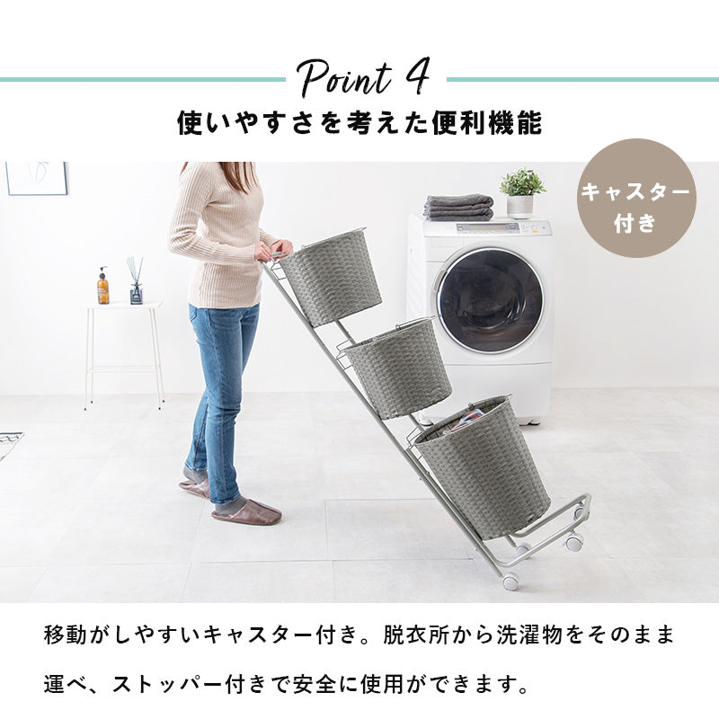 ランドリーラック 縦型 バスケットは持ち運べて便利 キャスター付収納ボックス  バスケットタイプ 幅30×奥行40cm 3個タイプ