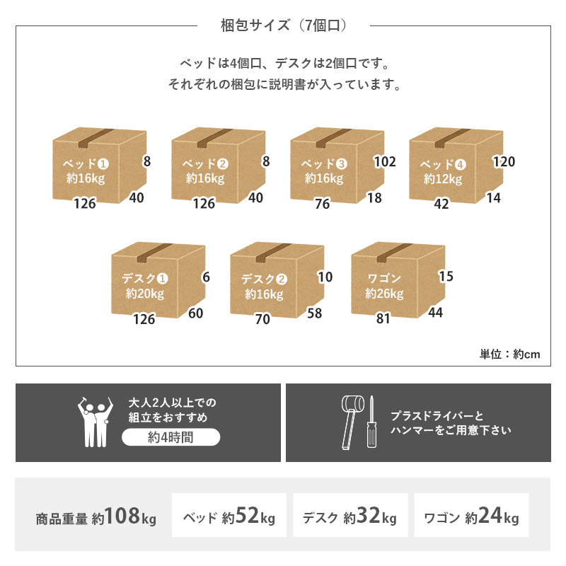 テーブル　ワゴンの付いたシステムベッド 子供部屋　省スペース シングル