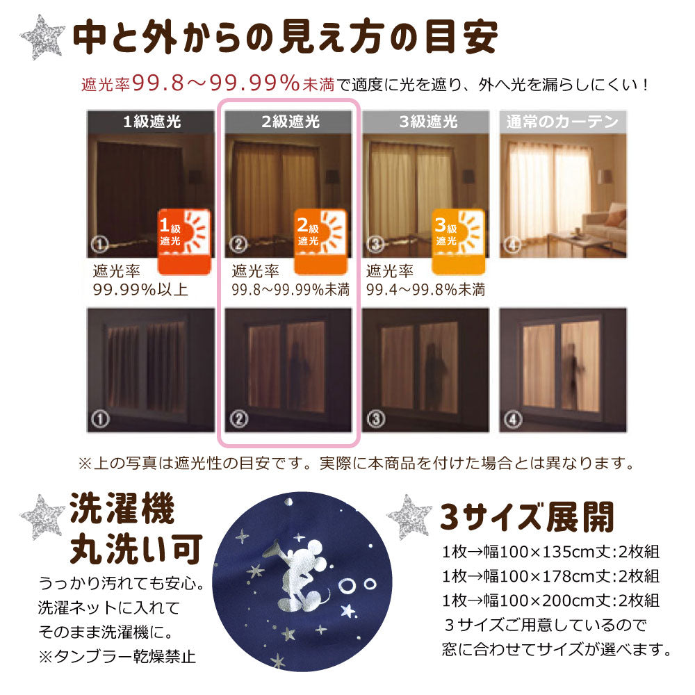 【Disney ディズニー】ミッキー箔プリントがキラキラした2級遮光カーテン 2枚組