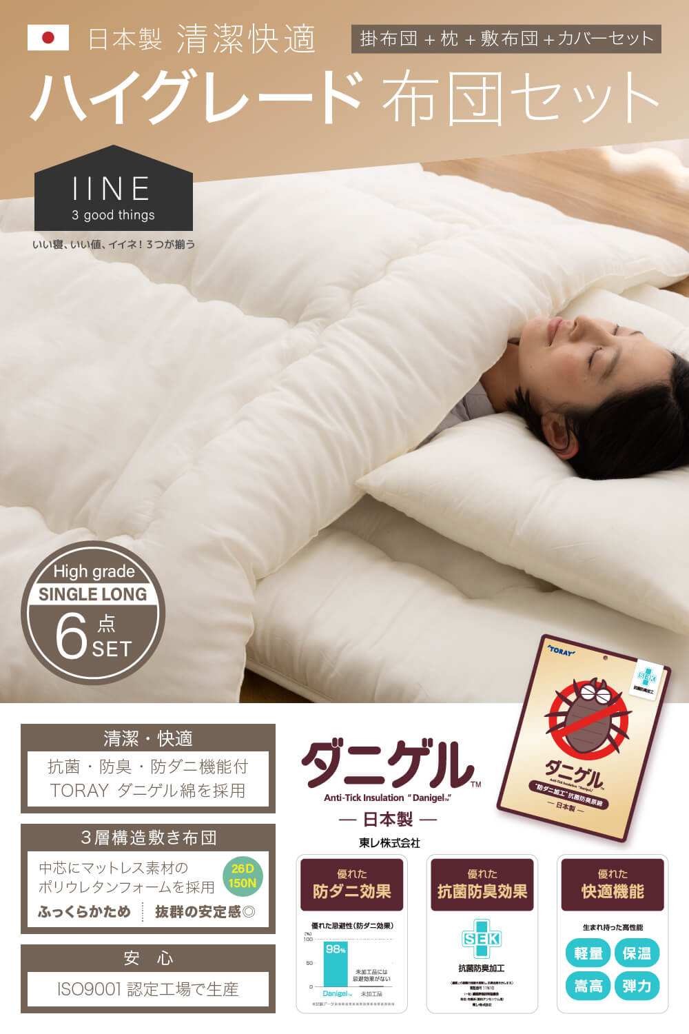 新生活に必要な寝具の6点セット（掛け布団・掛け布団カバー・敷き布団・敷き布団カバー・枕・枕カバー）清潔快適 日本製 ハイグレード 布団セット 和 (SG) シングル 6点 掛布団 枕 敷布団   [シングル]