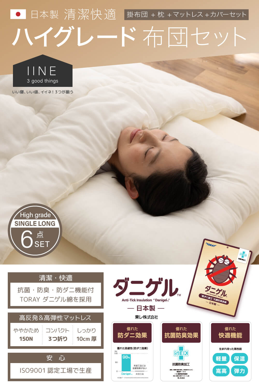 新生活に必要な寝具の6点セット（掛け布団・掛け布団カバー・敷き布団・敷き布団カバー・枕・枕カバー）清潔快適 日本製 ハイグレード 布団セット 洋 (SG) シングル 6点 掛布団 枕 マットレス    [シングル]