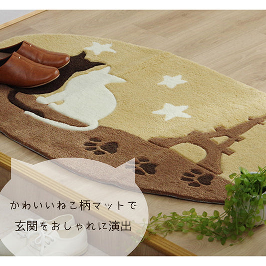 へたりにくく弾力性があるアクリル素材のネコ柄ボリューム玄関マット（楕円形）