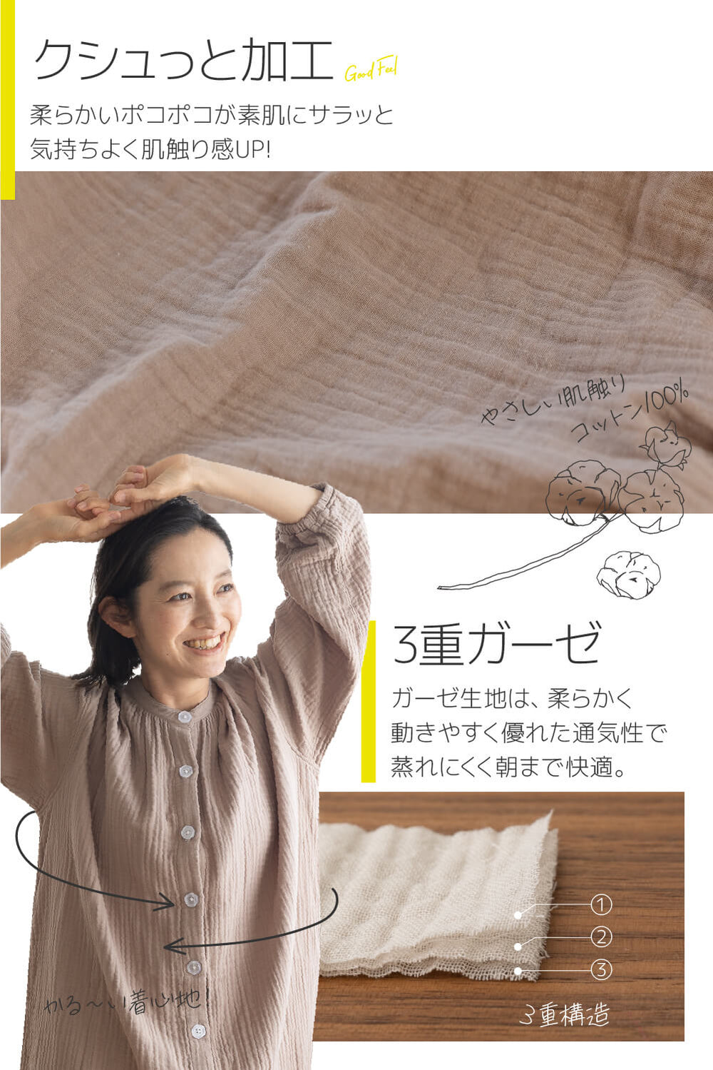 yucuss 水洗いコットンでクシュっと仕上げた ガーゼパジャマドレス （綿100％） フリーサイズ