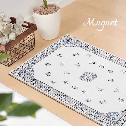 花柄の絨毯風転写プリントで美しく表現したなめらかな洗えるフランネルマット　ミュゲ