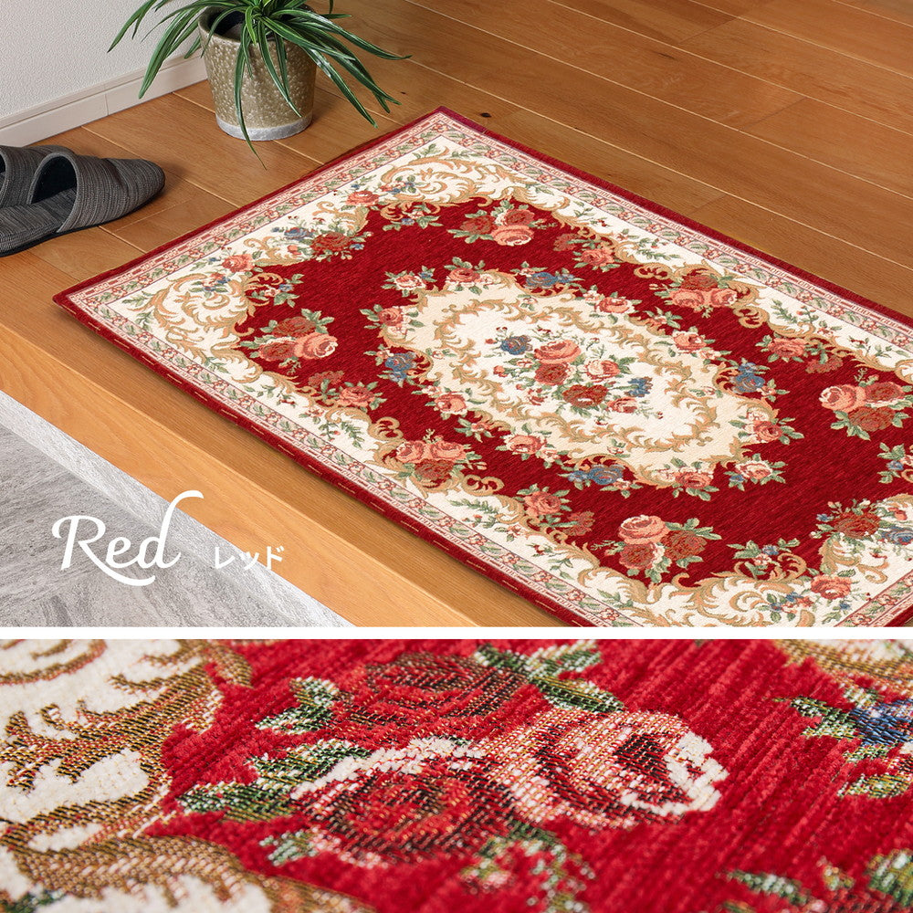 ちょっぴりゴージャスで刺繍のような柄が特徴のゴブラン織の花柄玄関マット　ザイン