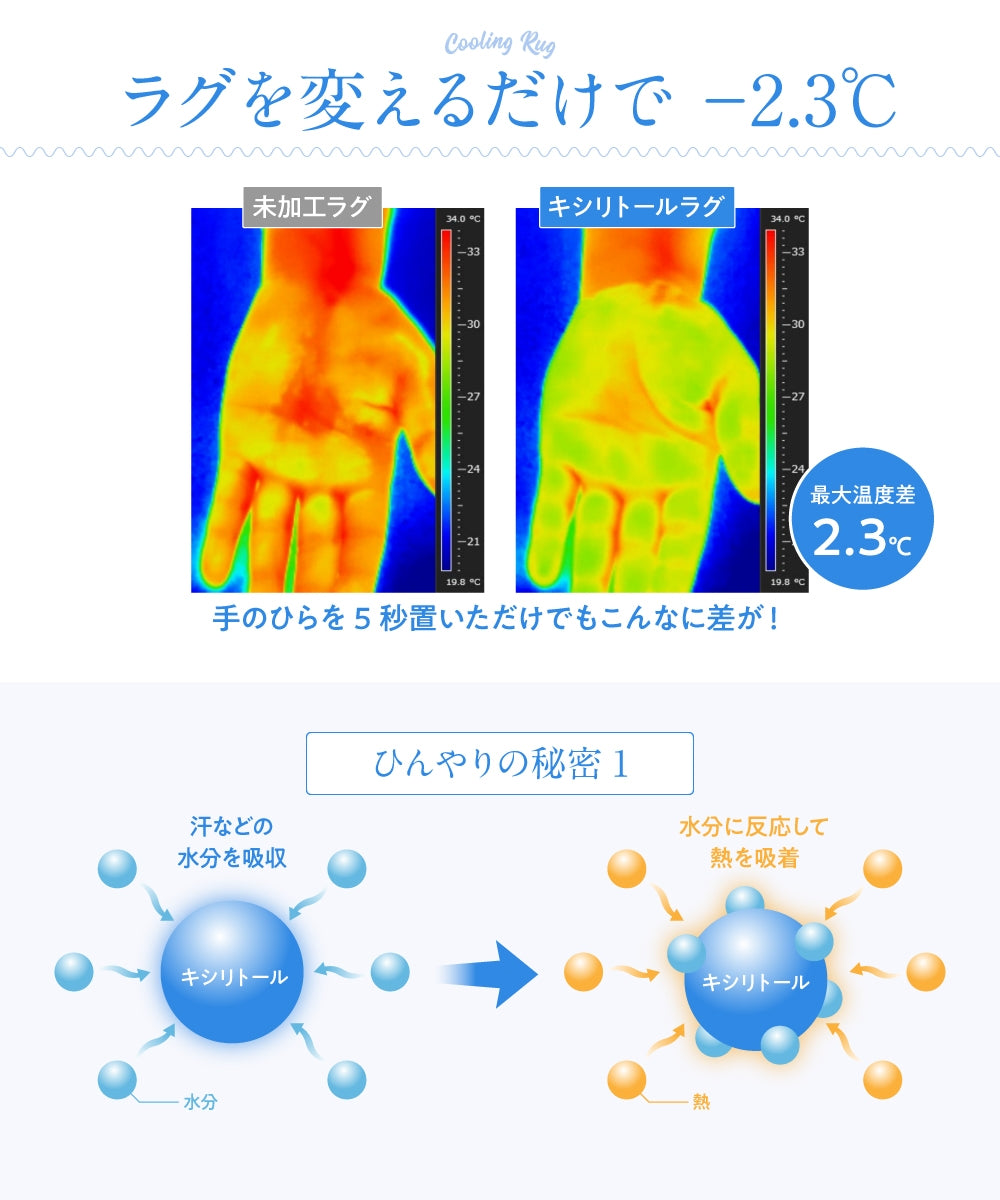 マイナス2℃ 日本製 さらっとひんやり涼感ラグ（キシリトール加工）防ダニ・抗菌加工で清潔 3サイズ