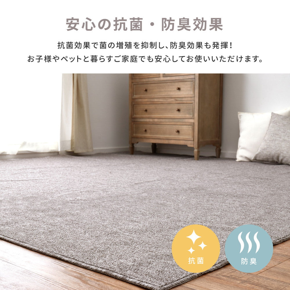 火が点きにくく、万が一火が点いても自己消火性があるため燃え広がりにくい防炎加工の平織カーペット モーエン