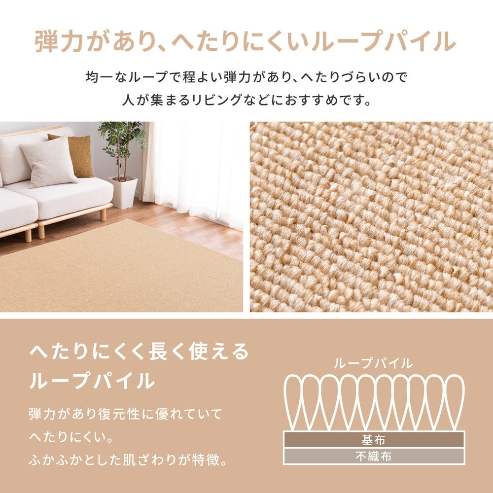 火が点きにくく、万が一火が点いても自己消火性があるため燃え広がりにくい防炎加工の平織カーペット モーエン
