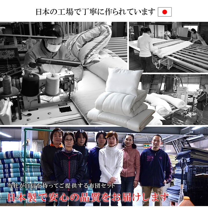 体にフィットしやすいこだわりの「フィットキルト加工」で、隙間ができにくく、熱を逃がしにくい日本製布団3点セット（掛け布団、敷き布団、枕）