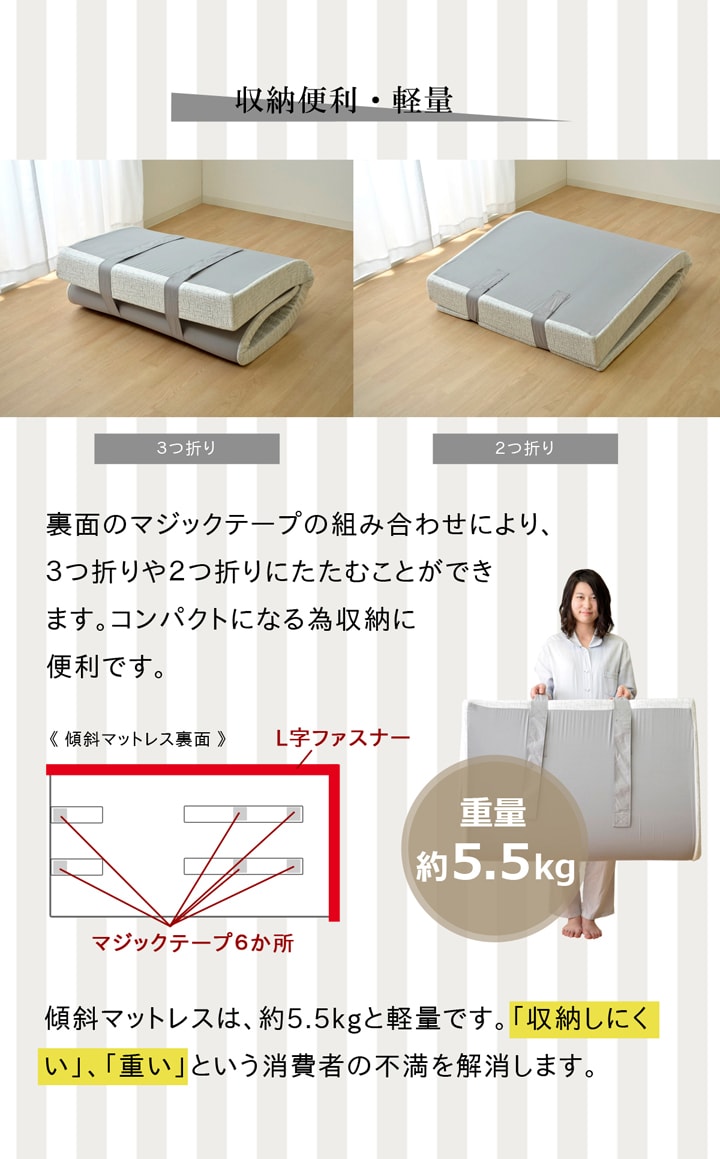 傾斜があるため起き上がりやすく、寝ても傾斜を感じにくい高反発傾斜マットレス『ファラオ』