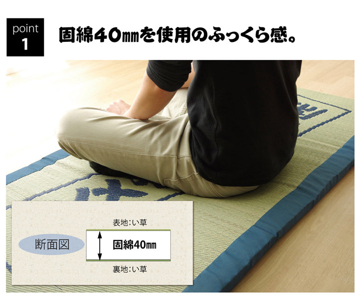 固わた40mm入り い草ごろ寝フリーマット（おやじの場所) 『大和』 ブルー 約70×150cm