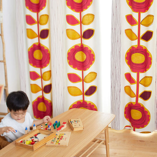 北欧カーテンシリーズ ひまわりをモチーフにした元気いっぱいのデザイン2級遮光カーテン SUN FLOWER - サンフラワー ピンク