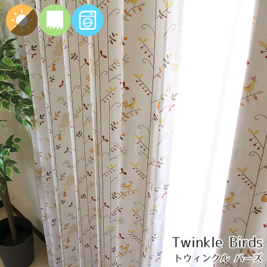 木にとまる小鳥のイラストがかわいい1級遮光カーテン幅100×丈135～200cm(2枚入) Twinkle Birds - トウィンクル バーズ