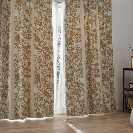 北欧カーテンシリーズ 手描きの鳥と花をあしらったデザイン遮光カーテン Cuco - クコ ベージュ