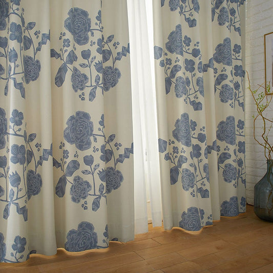 北欧カーテンシリーズ 大きな花の冠で構成したデザイン遮光カーテン Kruunu - クルヌ ブルー