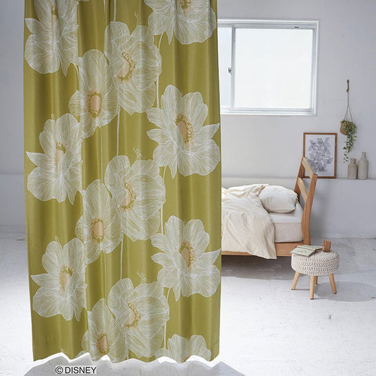 【Disney ディズニー】大胆なアネモネがエレガントな雰囲気の遮光カーテン MICKEY Okii anemone - ミッキー オオキイアネモネ イエローグリーン