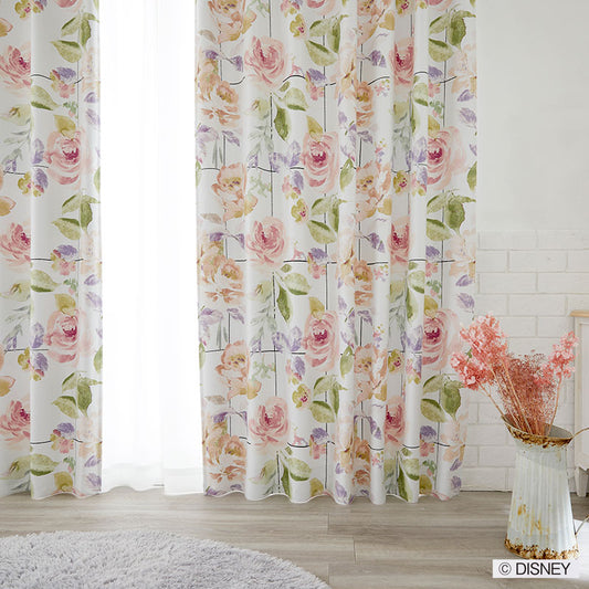 【Disney】バラの花に黒いグリッドが効いた甘辛MIXなデザインの2級遮光カーテン MICKY Rose grid - ミッキー ローズグリッド アイボリー 幅100×丈135～200cm(1枚入）