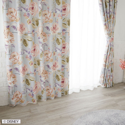 【Disney】バラの花に黒いグリッドが効いた甘辛MIXなデザインの2級遮光カーテン MICKY Rose grid - ミッキー ローズグリッド ブルーグリーン 幅100×丈135～200cm(1枚入）