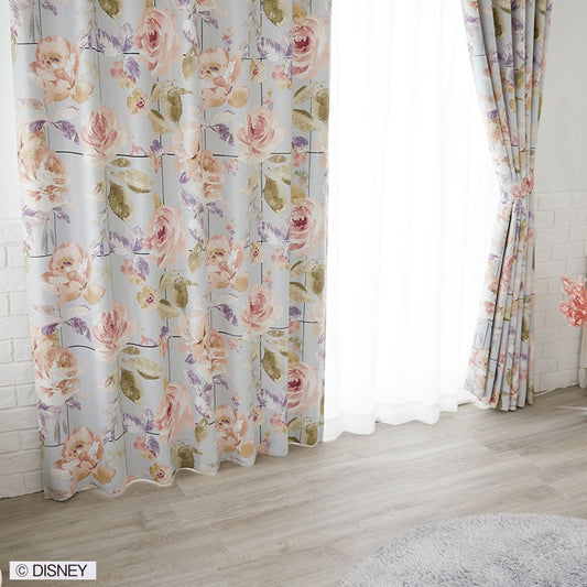 【Disney ディズニー】バラの花に黒いグリッドが効いた甘辛MIXなデザインの2級遮光カーテン MICKY Rose grid - ミッキー ローズグリッド ブルーグリーン