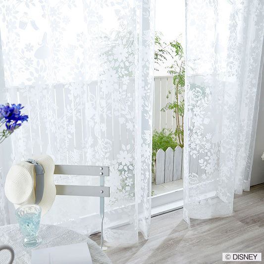 【Disney】アリスとチェシャ猫、時計ウサギが隠れたボイルレースカーテン ALICE Sweet Flower Voile - アリス スウィートフラワーボイル  ホワイト 幅100×丈133～198cm(1枚入)