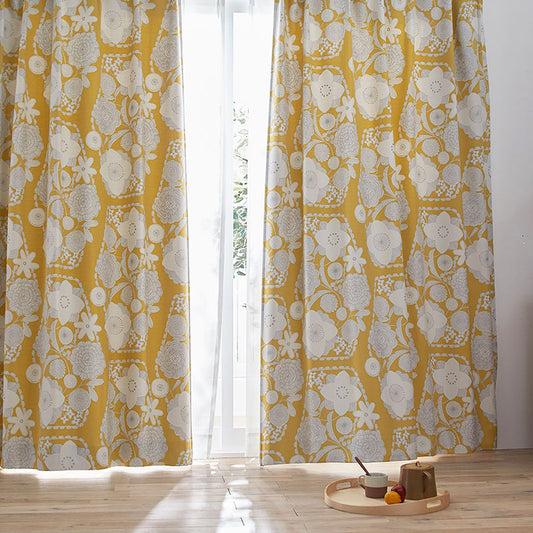 北欧カーテンシリーズ 手描きの花をパールプリントで表現した3級遮光カーテン IHANA - イハナ イエロー