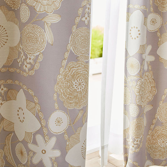 北欧カーテンシリーズ 手描きの花をパールプリントで表現した2級遮光カーテン IHANA - イハナ グレー
