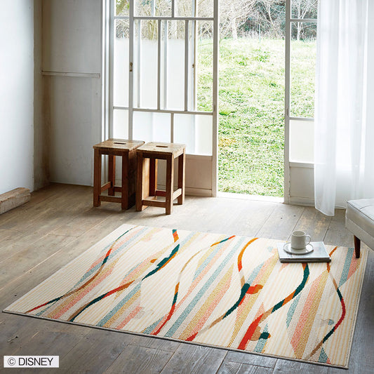 【Disney】飴の様にカラフルなライン柄にミッキーが隠れているラグ MICKEY Candy line RUG- ミッキー キャンディーラインラグ  オレンジ