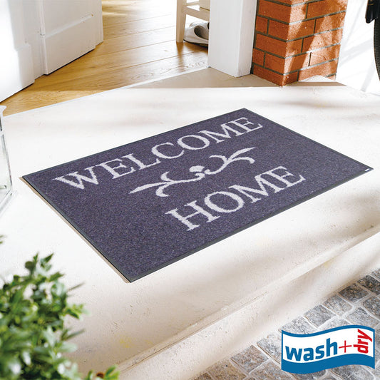 室内・屋外どちらでも使える機能性と丈夫さが魅力の玄関マット 50×75cm  wash+dry(ウォッシュ アンド ドライ) Welcome  Home ネイビー