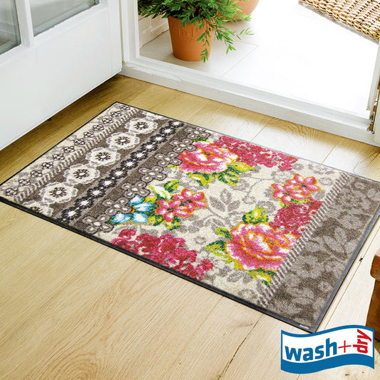 室内・屋外どちらでも使える機能性と丈夫さが魅力の玄関マット 50×75cm 75×120cm  wash+dry(ウォッシュ アンド ドライ) Romance ベージュ