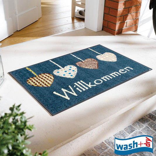 室内・屋外どちらでも使える機能性と丈夫さが魅力の玄関マット 50×75cm  wash+dry(ウォッシュ アンド ドライ) Cottage Hearts ブルー