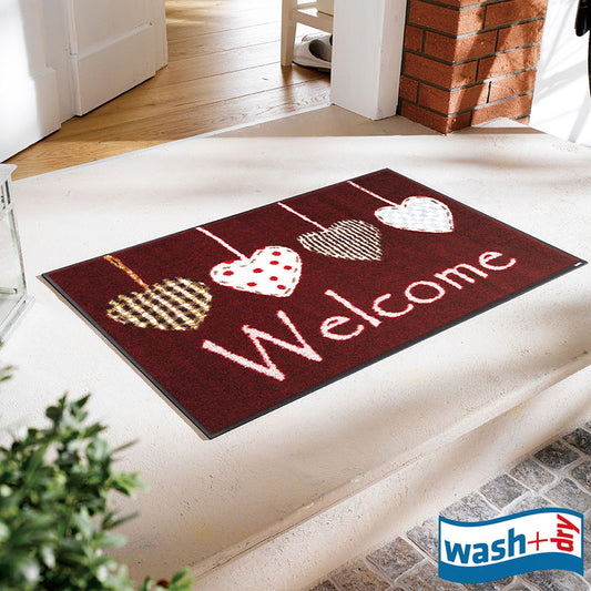 室内・屋外どちらでも使える機能性と丈夫さが魅力の洗える玄関マット 50×75cm  wash+dry(ウォッシュ アンド ドライ) Cottage Hearts レッド