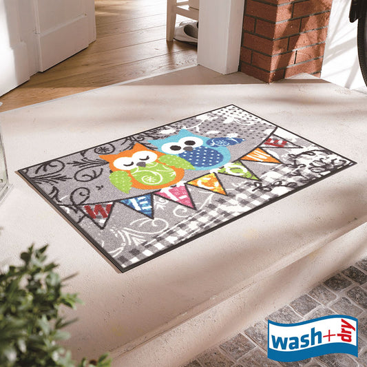 室内・屋外どちらでも使える機能性と丈夫さが魅力の洗える玄関マット 50×75cm  wash+dry(ウォッシュ アンド ドライ) Welcome Owls