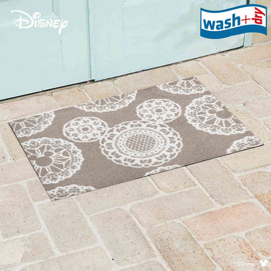 室内・屋外どちらでも使える機能性と丈夫さが魅力の洗える玄関マット 60×90cm  wash+dry(ウォッシュ アンド ドライ)  Mickey/ミッキー レース グレージュ
