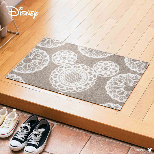 室内・屋外どちらでも使える機能性と丈夫さが魅力の洗える玄関マット 50×75cm  wash+dry(ウォッシュ アンド ドライ)  Mickey/ミッキー レース グレージュ