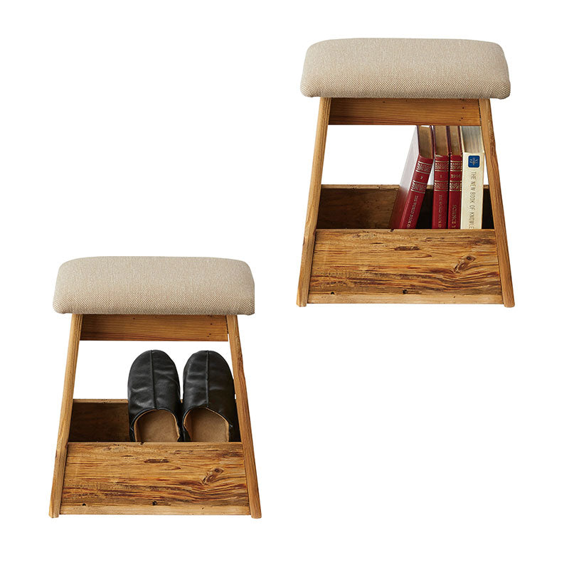 ひとつひとつ表情の異なるパイン古材の質感とファブリックの組み合わせが上質な軽量でシンプルなスツール