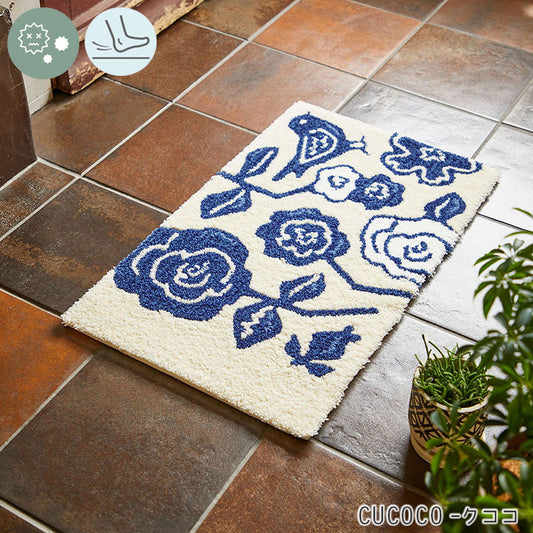 鳥と花の手描きの表情を糸の組み合わせで表現した北欧デザイン！日本製北欧デザイン玄関マット45×75cm Cucoco - クココ