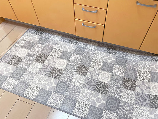 優れた耐摩耗性で土足使用もOK！汚れても拭き取るだけでキレイ！はっ水・抗菌・防炎機能付きキッチンマット幅100cmタイプ＜Nene - ネネグレー＞